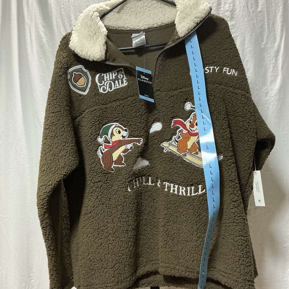 Disney Chip & Dale Sherpa Fleece Pullover Women L Brown NWT Quarter Zip
